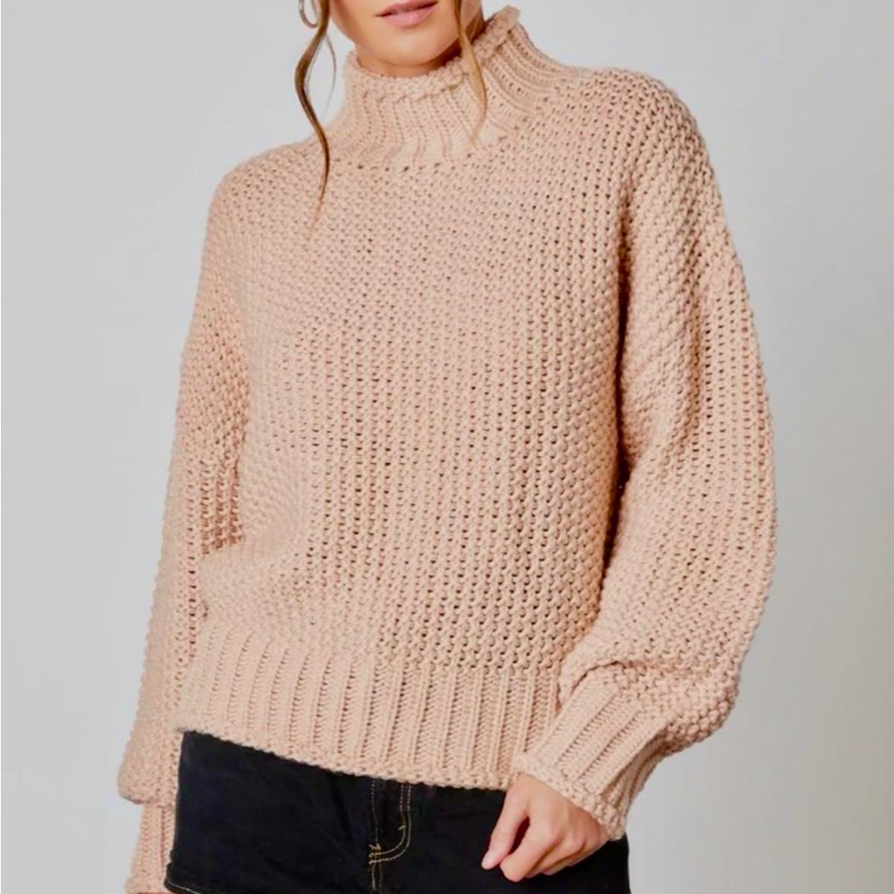 Warm Blush Pink Cowl Neck Chunky Knit Sweater
